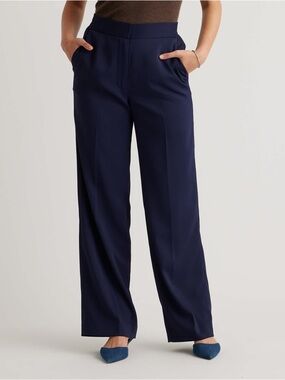Quince Stretch Crepe Classic Trouser Pant Navy Blue sz 14 Wide Leg High Rise